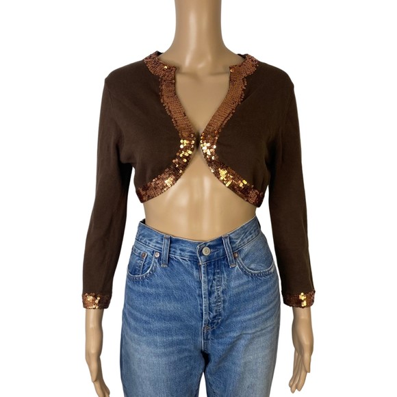 Guess Women's Cropped Brown Sequin Cardigan Size Small / Petite - Picture 1 of 8